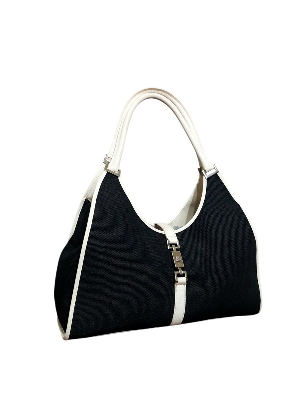 Gucci Jackie Bardot Black Canvas & White Leather Larger Size Hobo Shoulder Bag